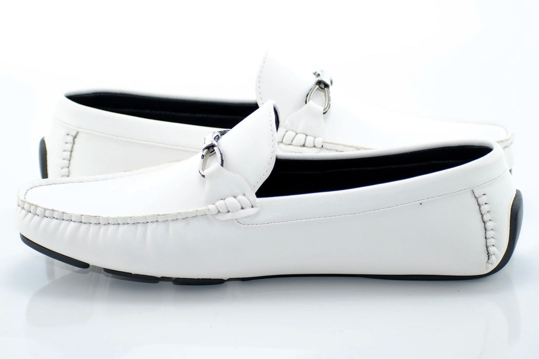 White Leather Driving Loafer with Fashion-Bit