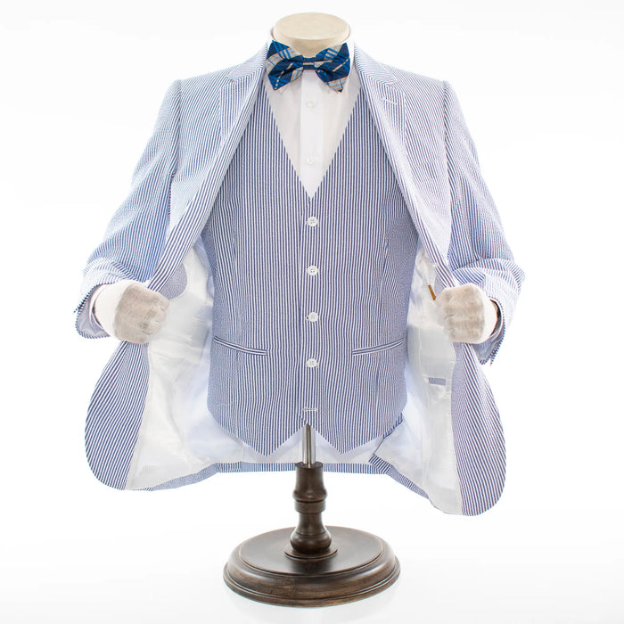 Men's Blue Seersucker 3-Piece Tailored-Fit Suit