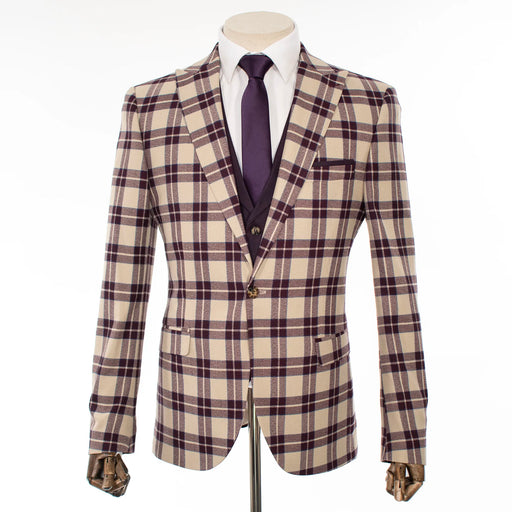 Tan and Eggplant Plaid 3-Piece Tailored-Fit Suit