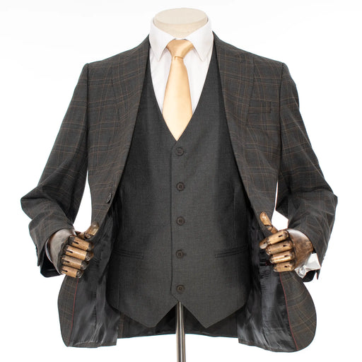 Dark Gray and Tan Plaid 3-Piece Slim-Fit Suit