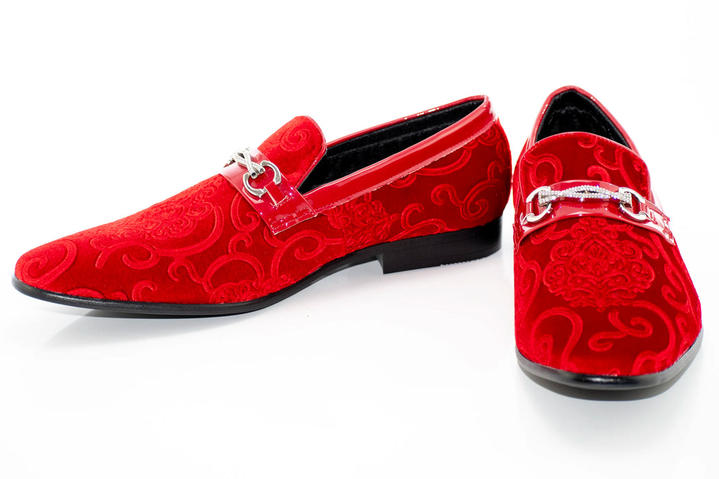 Red Velvet Rococo Smoking Loafers with Rhinestone Snaffle