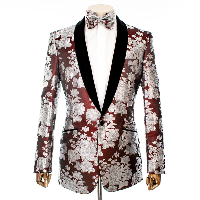 Burgundy Metallic Silver Floral Tailored-Fit Tuxedo Jacket