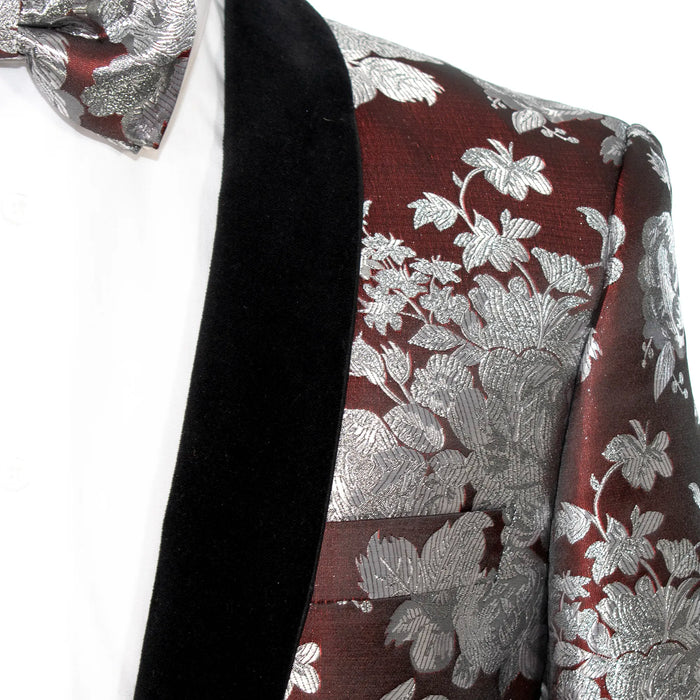 Burgundy Metallic Silver Floral Tailored-Fit Tuxedo Jacket
