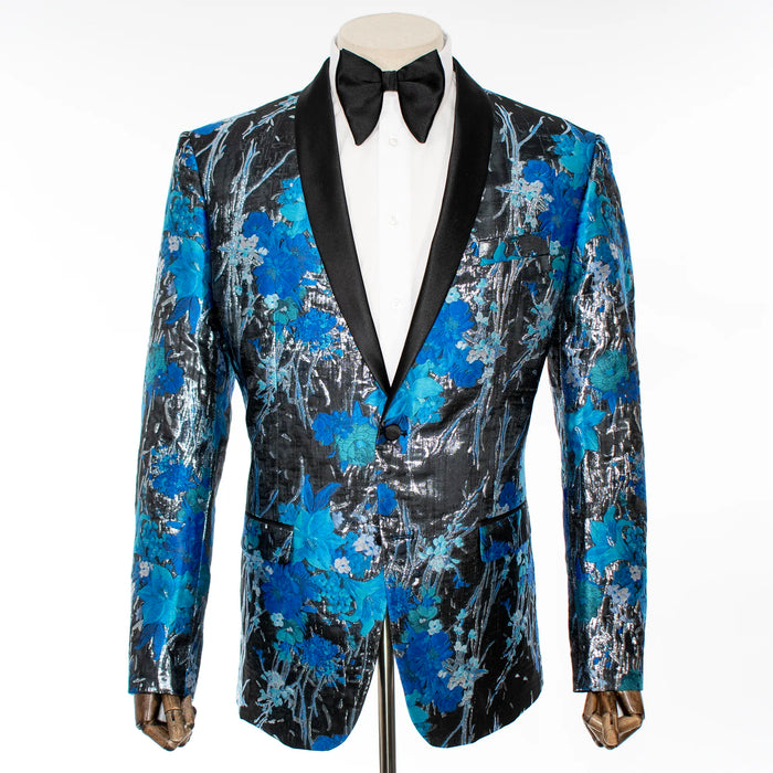 Blue Woven Metallic Floral Slim-Fit Tuxedo Jacket