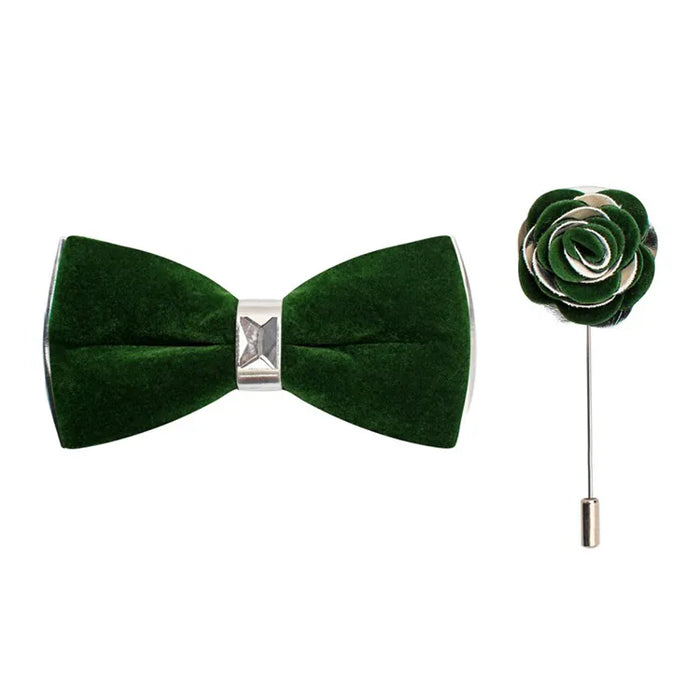 Silver Two-Toned Velvet Bow Tie and Lapel Pin