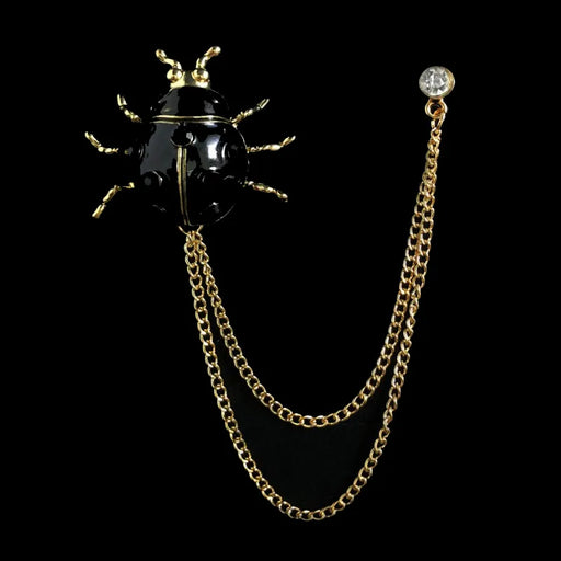 Jeweled Black Ladybug Chain Brooch Lapel Pin