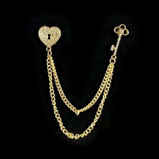 Jeweled Locked Heart Chain Brooch Lapel Pin
