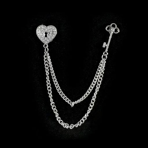 Jeweled Locked Heart Chain Brooch Lapel Pin