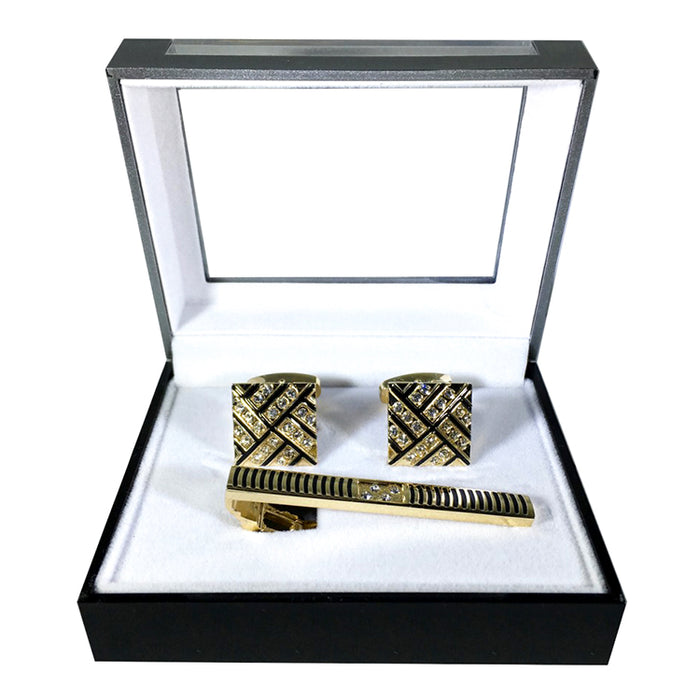 Rhinestone Weave Cufflink Tie-Bar Set