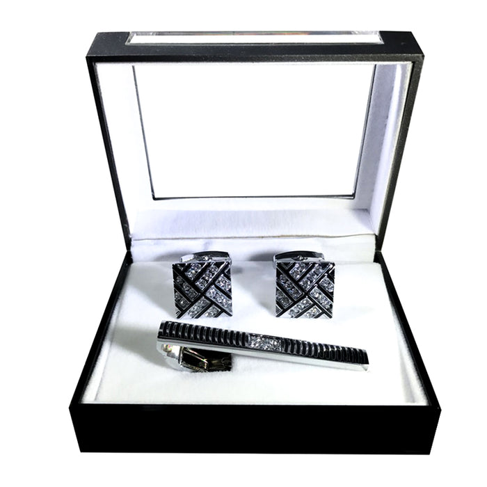 Rhinestone Weave Cufflink Tie-Bar Set