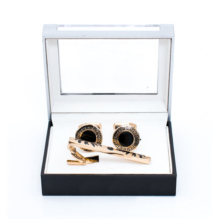 Round Meandering Ebony Cufflink Tie-Bar Set