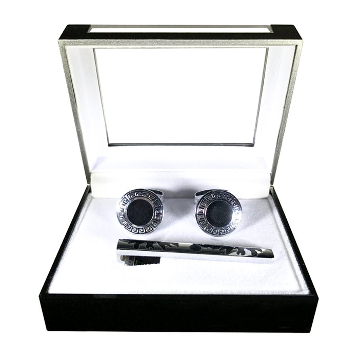 Round Meandering Ebony Cufflink Tie-Bar Set