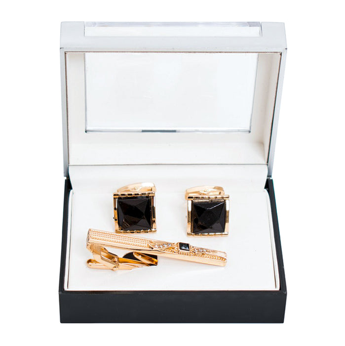 Square Jeweled Cufflink Tie-Bar Set