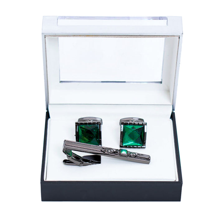 Square Jeweled Cufflink Tie-Bar Set