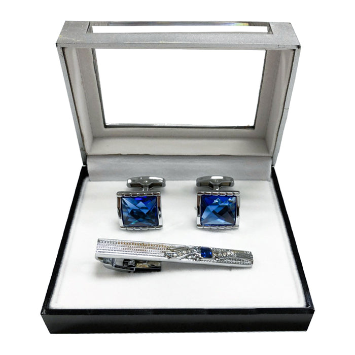 Square Jeweled Cufflink Tie-Bar Set