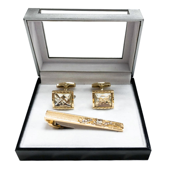 Square Jeweled Cufflink Tie-Bar Set