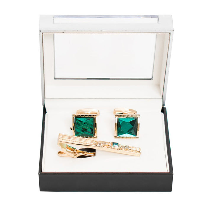 Square Jeweled Cufflink Tie-Bar Set