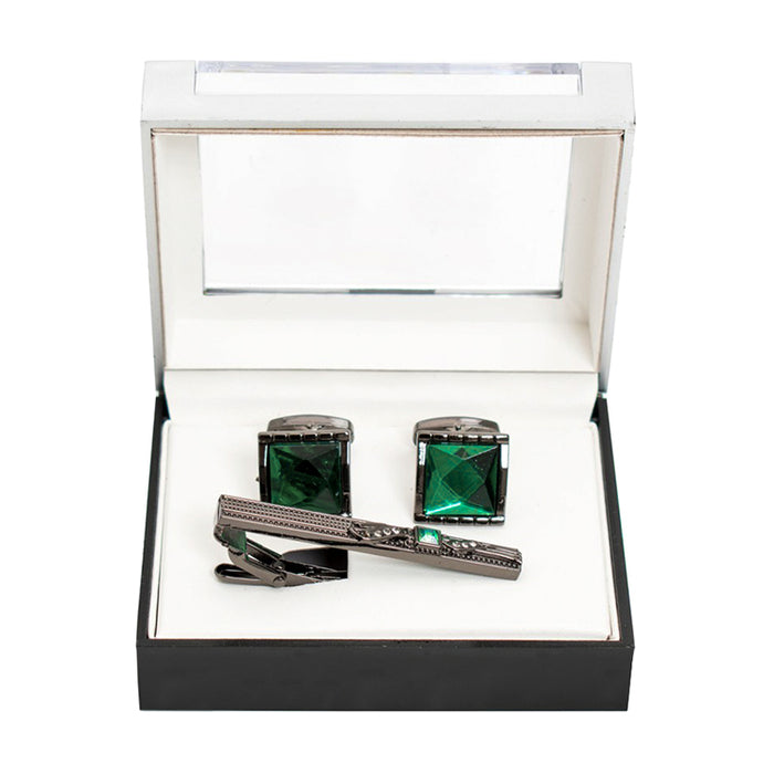 Square Jeweled Cufflink Tie-Bar Set