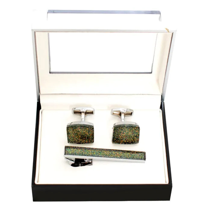 Sparkle Stone Silver Cufflink Tie-Bar Set