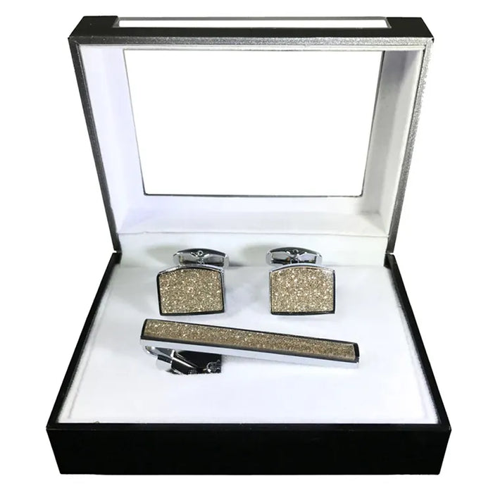 Sparkle Stone Silver Cufflink Tie-Bar Set