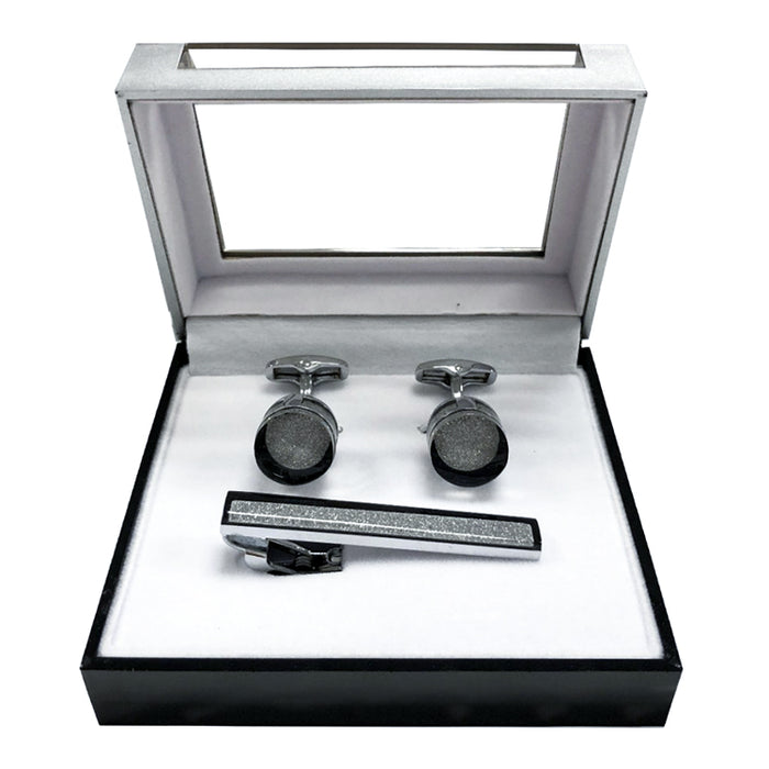 Round Crystal Cufflink Tie-Bar Set