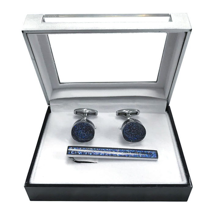 Round Crystal Cufflink Tie-Bar Set