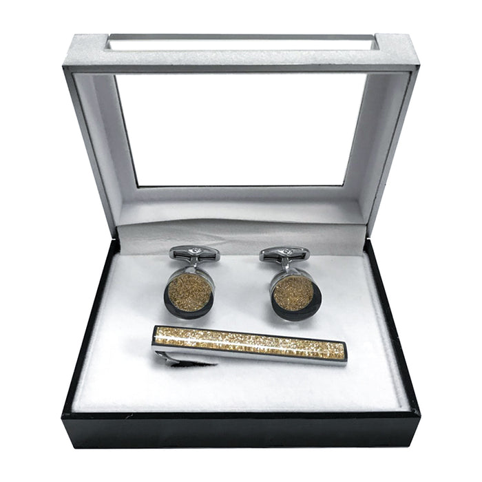 Round Crystal Cufflink Tie-Bar Set