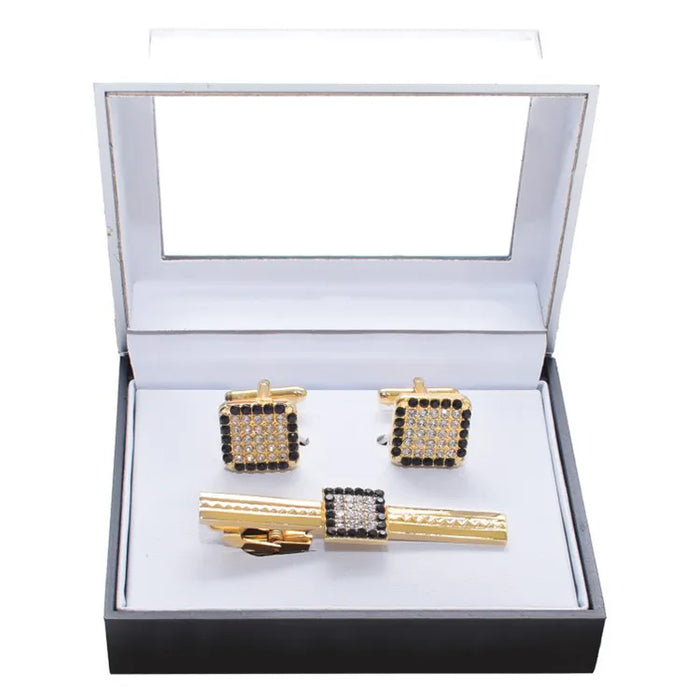 Square Rhinestone Encrusted Cufflink Tie-Bar Set