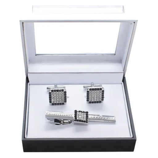 Square Rhinestone Encrusted Cufflink Tie-Bar Set