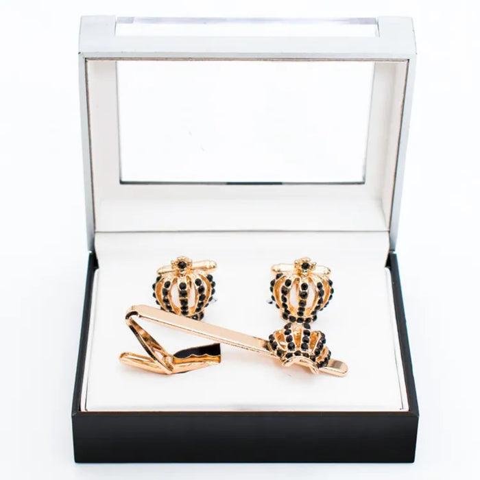 Rhinestone Encrusted Gold Crown Cufflink Tie-Bar Set