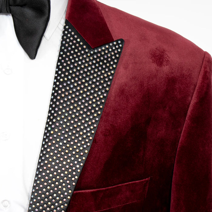 Burgundy Velvet Dinner Jacket with Iridescent Rhinestone Lapels