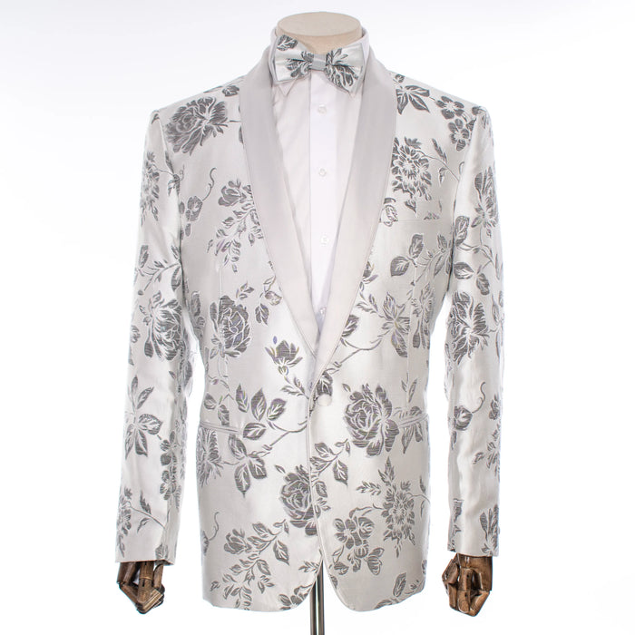 White and Gray Floral Tailored-Fit Tuxedo Jacket