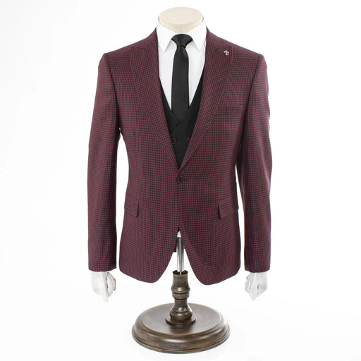 Berry And Black Houndstooth Slim-Fit 3-Piece Suit