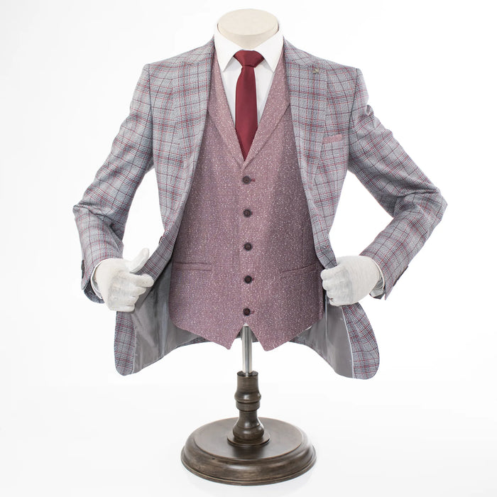 Gray And Red Plaid Slim-Fit 3-Piece Suit