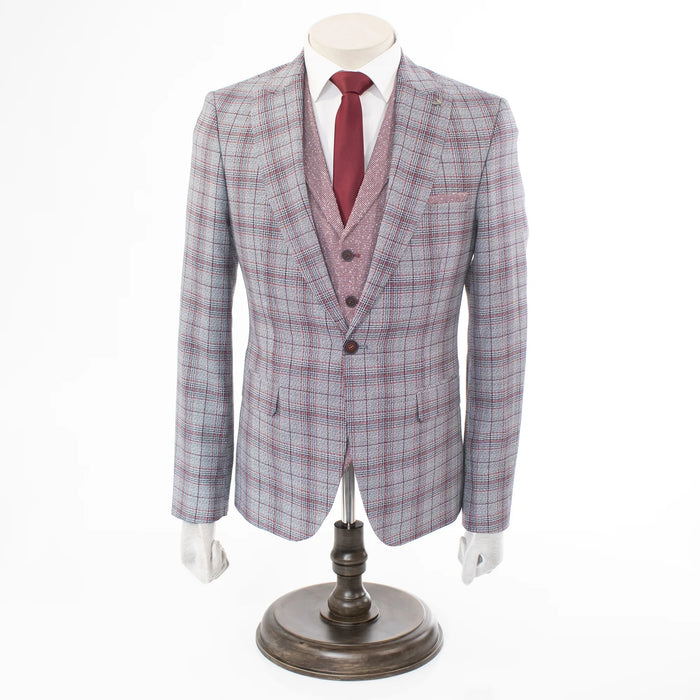 Gray And Red Plaid Slim-Fit 3-Piece Suit