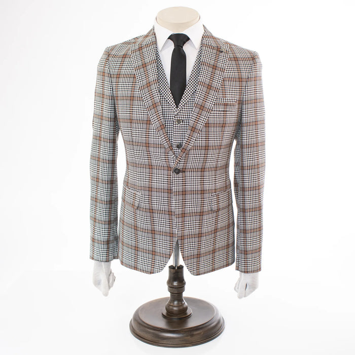 White And Brown Glen Plaid Slim-Fit 3-Piece Suit