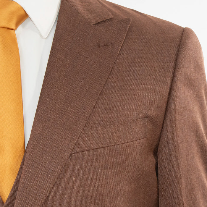 Men's Brown 3-Piece Wool Suit - Peak Lapel Closeup