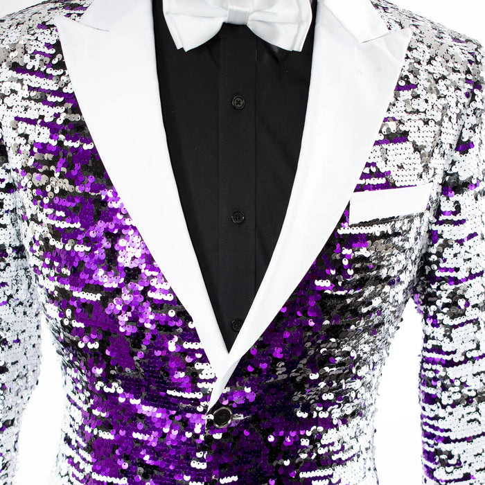 Purple and White Sequined Slim-Fit Dinner Jacket