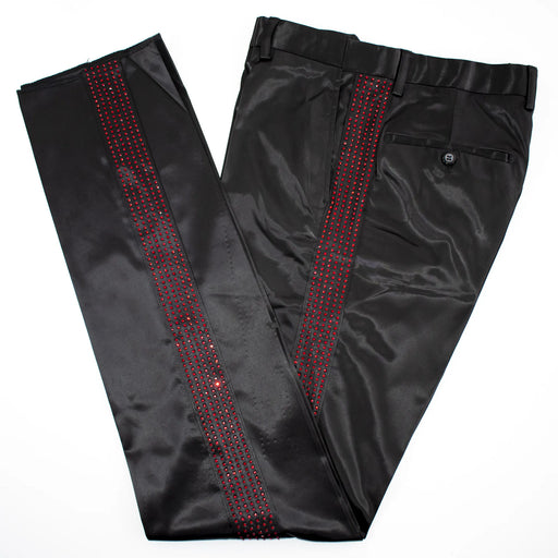 Men's Black Satin Slim-Fit Dress Pants With Red Rhinestone