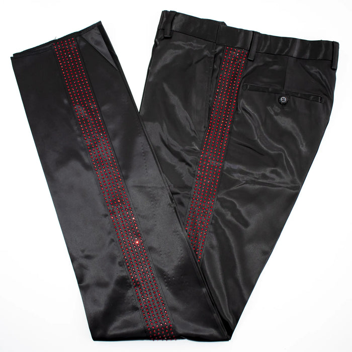 Black Satin Slim-Fit Dress Pants With Silver Rhinestone Stripe