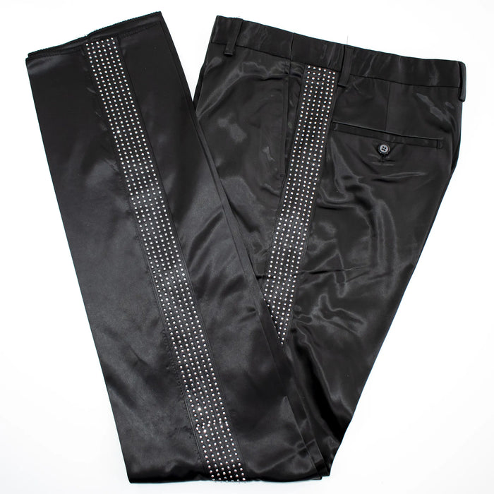 Black Satin Slim-Fit Dress Pants With Silver Rhinestone Stripe