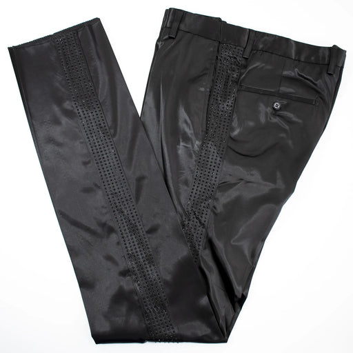 Men's Black Satin Slim-Fit Dress Pants With Black Rhinestone