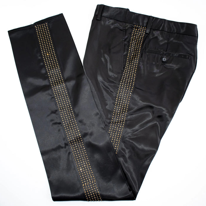 Men's Black Satin Slim-Fit Dress Pants With Gold Rhinestone