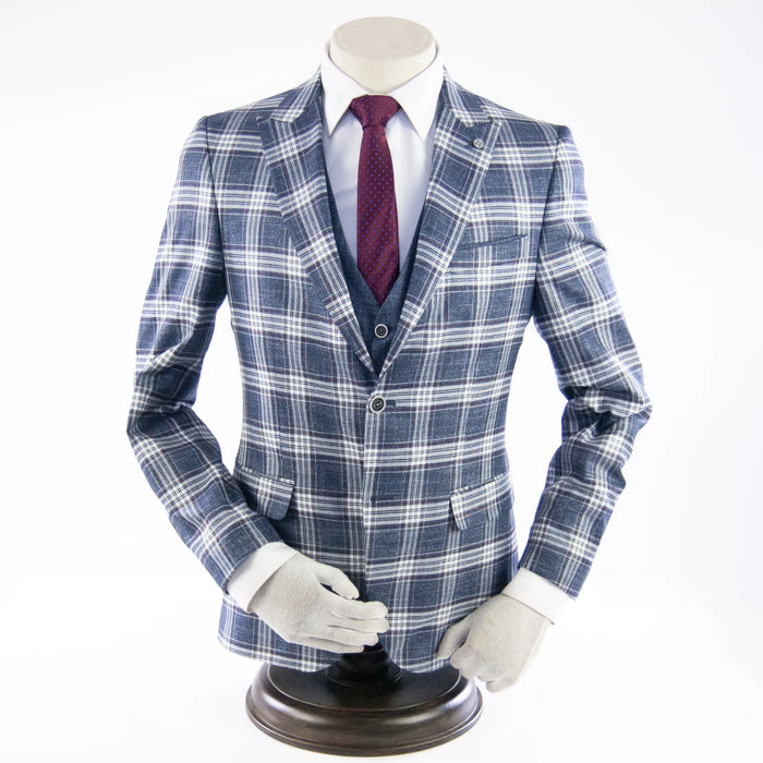 Men's Blue And White Plaid 3-Piece Slim-Fit Suit 