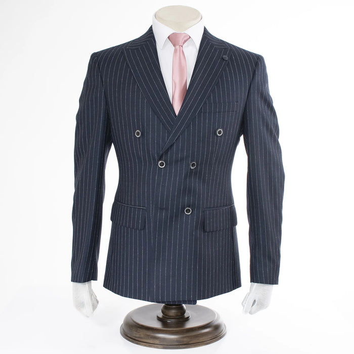 Men's Navy Blue 2-Piece Double-Breasted 6-Button Suit With Pinstripes