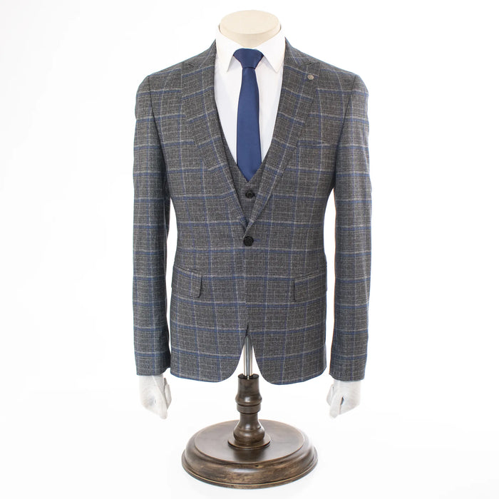 Charcoal And Blue Window Pane Slim-Fit 3-Piece Suit