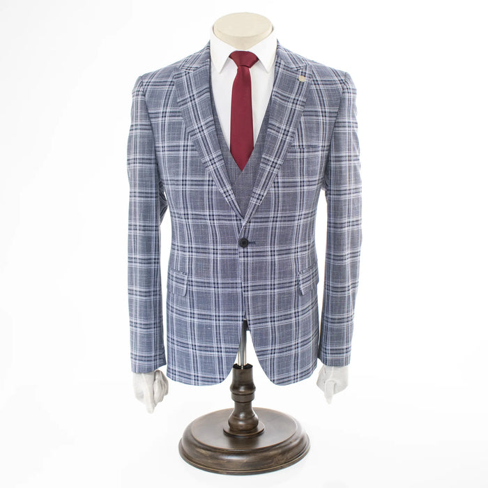 Navy And Gray Plaid Slim-Fit 3-Piece Suit
