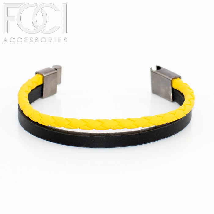 Unisex Black Leather and Yellow Rope Bracelet With Closure
