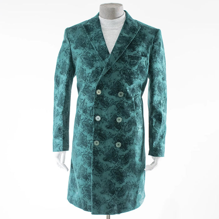 Forest Green Velvet Embossed Paisley Slim-Fit Overcoat