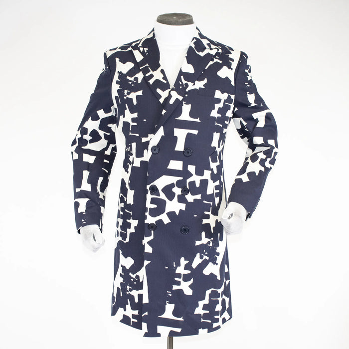 Ink Blue and White Patterned Print Overcoat